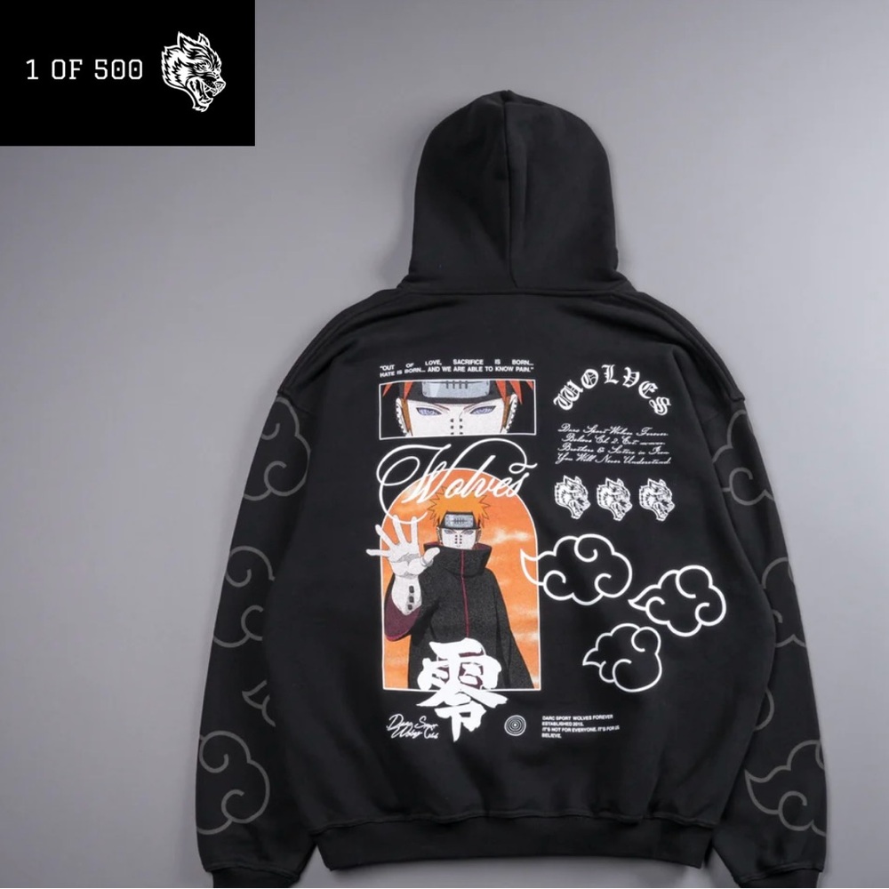 Darc Sport X Naruto (1/500) KNOW PAIN “Pierce” HOODIE IN BLACK SIZE SMALL